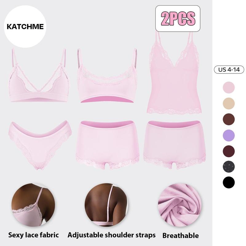 KatchMe Women's Soft Lace Series Spaghetti Strap Lace Trim Wirefree Quick-Drying Bralette & Panties Set, Casual Lightweight Flattering Underwear Set, Breathable Womenswear