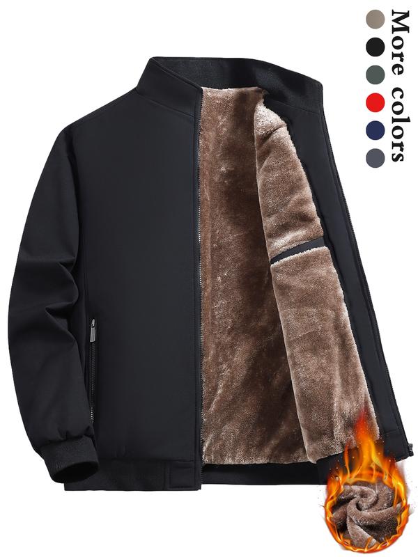 Men's Solid Color Zip Up Thermal Lined Fleece Jacket, Regular Fit Casual Long Sleeve Zip Front Short Outerwear for Fall & Winter, Men's Clothes for Daily Wear