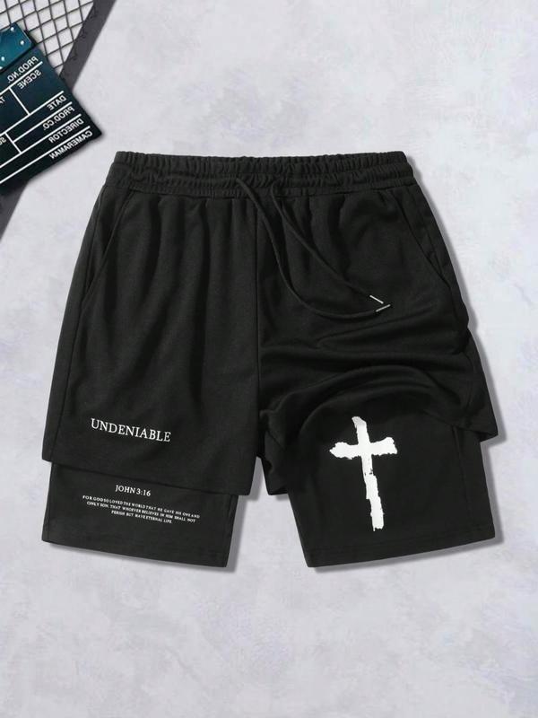 Men's 2 in 1 Letter & Cross Print Shorts, Casual Fitted Drawstring Waist Pocket Shorts for Summer, Shorts for Men, Fashion Men's Bottoms for Daily Streetwear, Men Shorts, Graphic Shorts