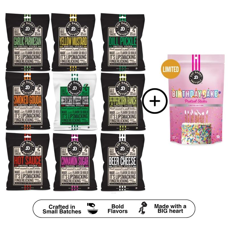 Pretzel Sampler Pack - 9 bags  + BIRTHDAY CAKE PRETZEL STICKS - Pop Daddy Snacks