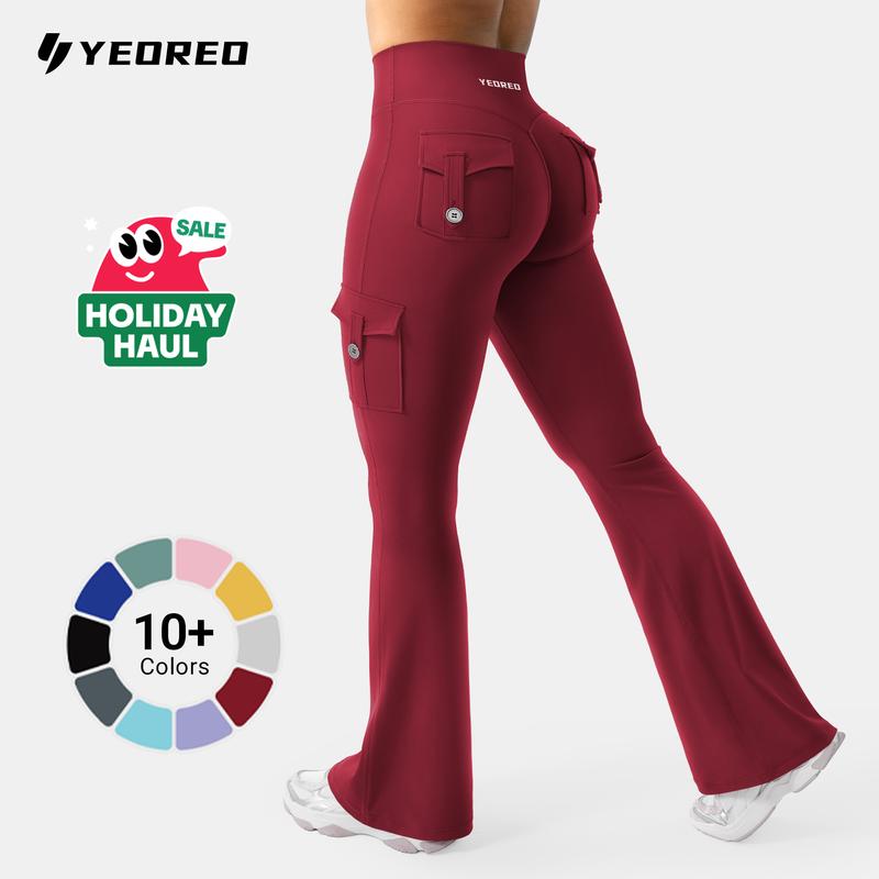 YEOREO CoreFlex Women's Workout Flare Leggings with Pockets Hidden Scrunch High Waisted Cargo Gym Yoga No Front Seam Leggings Flared Joggers Fitness Outfit Camouflage Sports Pants 75% Nylon 25% Spandex Summervibes
