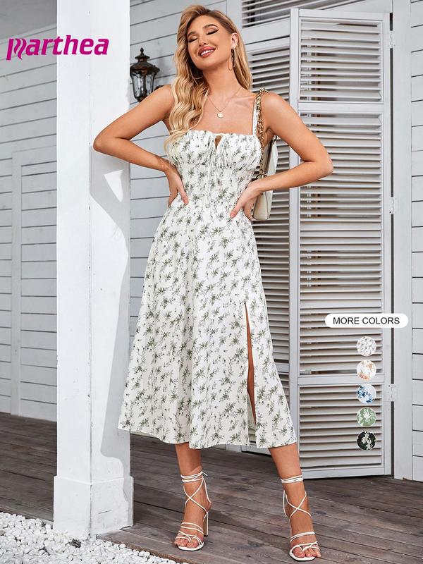 Parthea Women's Floral Print Ruched Split Thigh Dress, Elegant Boho Casual Bohemian Sleeveless Midi Dress for Summer, Ladies Clothes for Beach Holiday, Womenswear