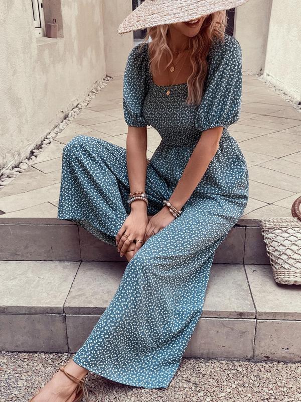 Women's Ditsy Floral Puff Sleeve Square Neck Wide Leg Jumpsuit with Pockets, Boho One Piece Comfort Jumpsuit for Outdoor Beach Vacation, Summer 2024
