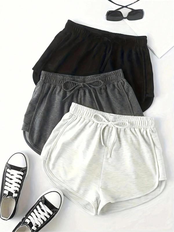 Women's 3pcs Solid Drawstring Sports Shorts, Casual Elastic Waist Shorts for Running Gym Workout, Ladies Sportswear for Spring & Fall