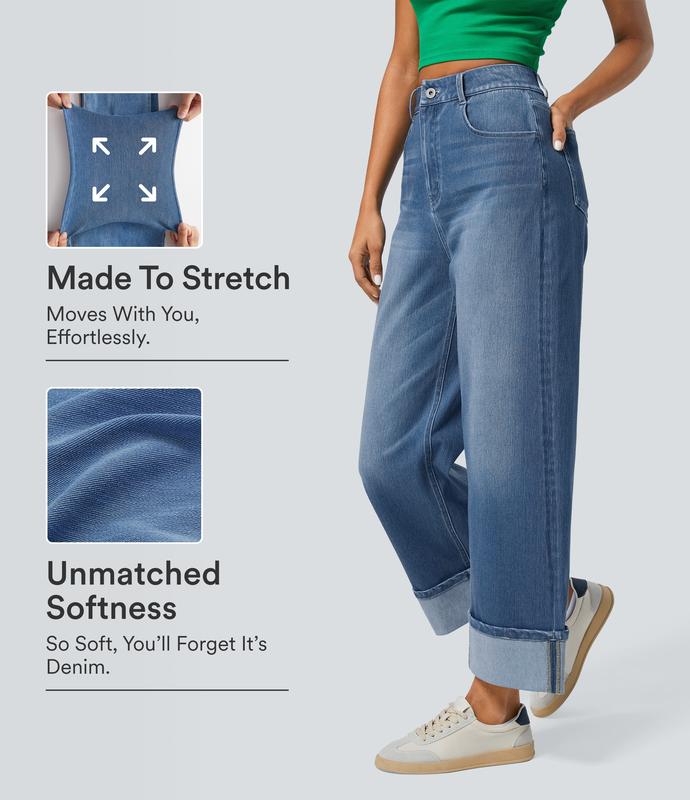 Halara Flex High Waisted Pockets Rolled Hem Wide Leg Washed Casual Jeans#TikTokShopSpringGlowUp