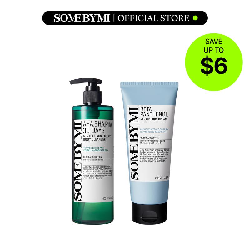 Korean Body Care Set - Korean Skincare - Salicylic Acid Acne Body Wash & Ceramide Cream Duo to Treat Back Acne, Body Odor Control & Rough Bumpy Skin