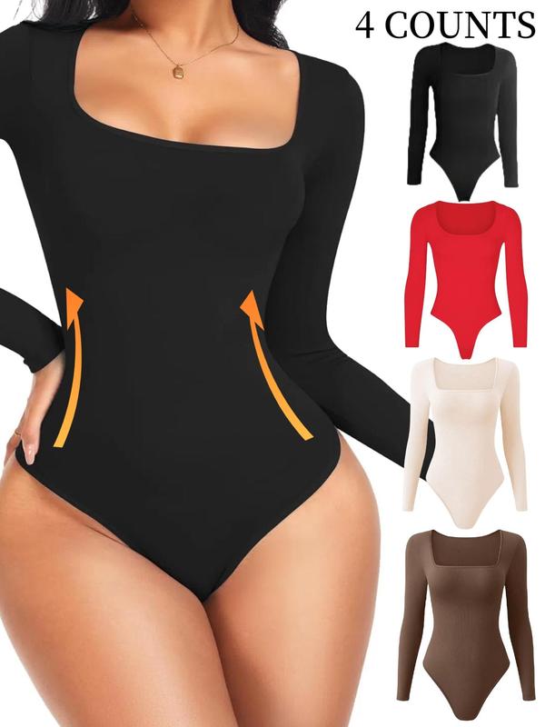 Women's Solid Square Neck Long Sleeve Shapewear Bodysuit, Casual Comfy Tummy Control Butt Lift Shaper, Ladies Shapewear for All Seasons