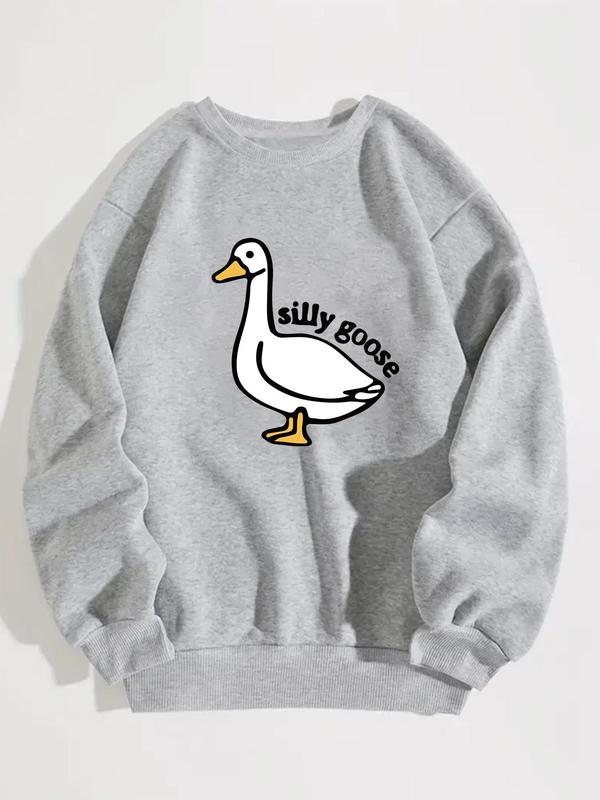 Men's Cartoon Goose & Letter Print Sweatshirt, Casual Fashion Sweatshirt, Casual Loose Round Neck Long Sleeve Pullover, Men's Top, Lazy School Outfit, Size Runs A Little Large