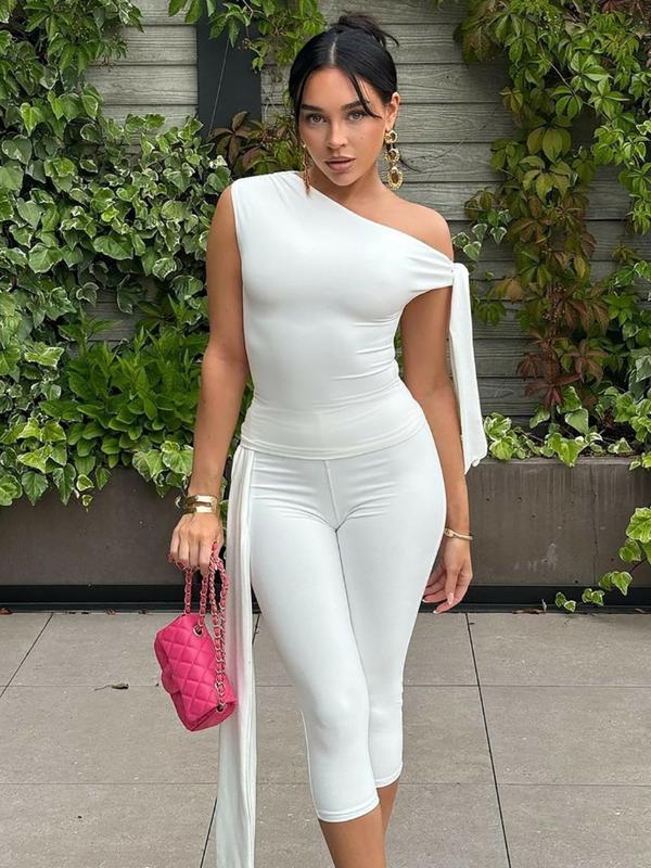 Women's Solid Asymmetrical Neck Knot Design Fitted Sleeveless Top & High Waist Capri Pants Two-piece Set, Elegant Chic Fashion Basic Ruched Top & Skinny Capri Trousers for Daily Outdoor Wear, Ladies Clothes