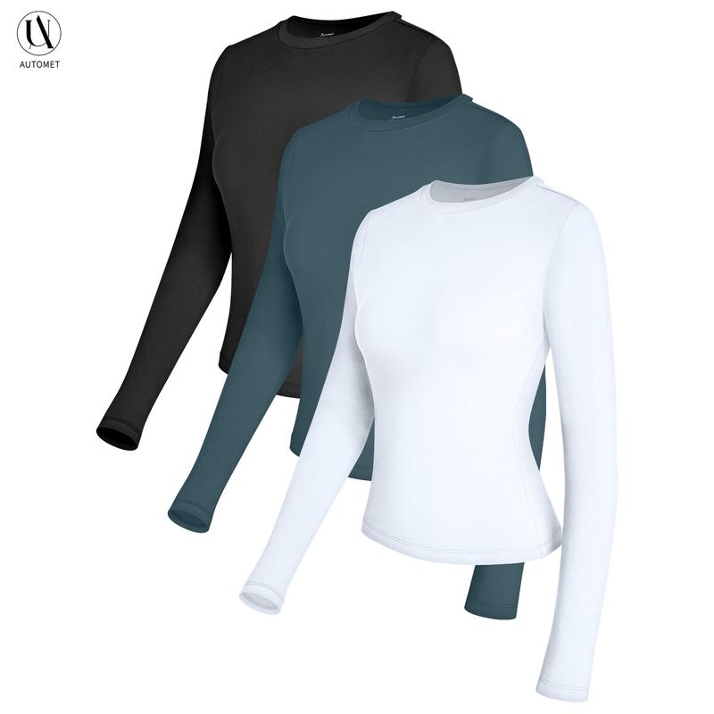 AUTOMET Women's 3-Piece Long Sleeve Basic Crop T-Shirts - Slim Fit, Soft Polyester Fabric, Round Neck, Simple Style, Fall Fashion, Going Out Tops, Y2K Underscrubs Layer, Haze Blue/White/Black Womenswear Blouses & Shirts