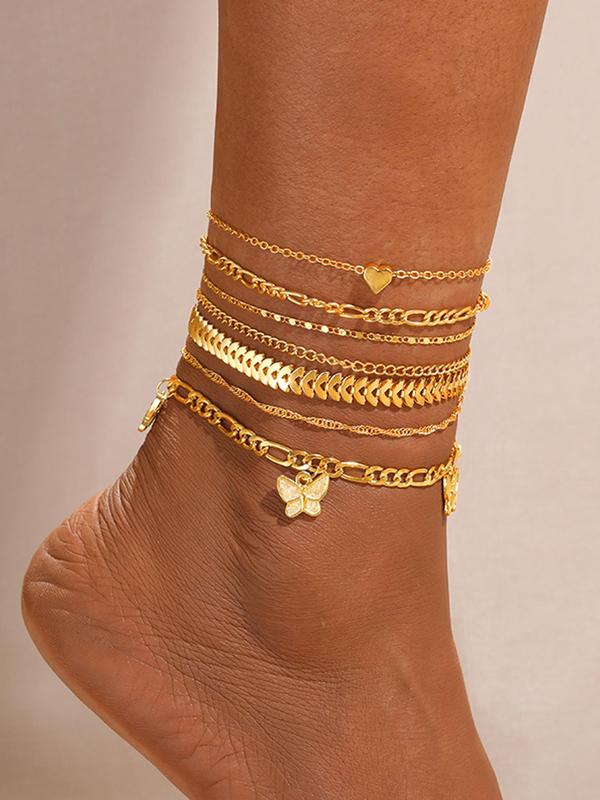 Women's Fashion Charming Butterfly & Heart-Shaped Anklet Set, Plain Elegant Zinc Alloy Anklet, Body Jewelry for Women & Girls, Holiday Gifts, Trendy Jewellery Accessories, Trendy Fashionable Accessories