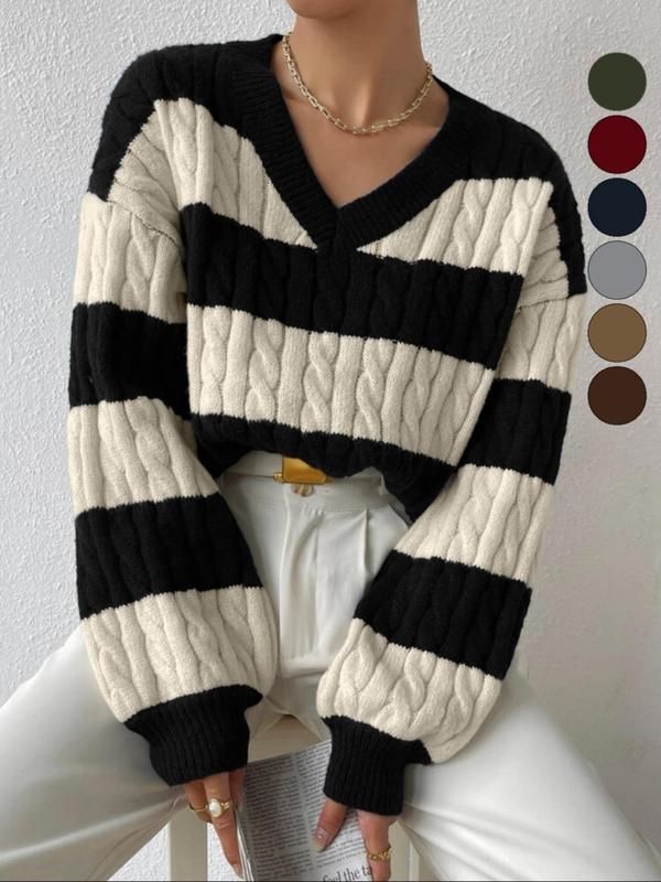 Women's Cable Knit Color Block Striped V Neck Oversized Sweater Knitwear, Casual Long Sleeve Drop Shoulder Jumper Pullover Tops for Autumn & Winter, Korean Aesthetic Style Clothes Womenswear
