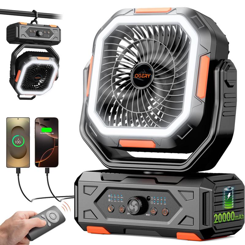 OGERY 2026 Upgraded Camping Fan, 30000mAh Rechargeable Fan with LED Lights & 270° Pivot, Remote Control Shaking Head Desk Fan for Tent Travel Home Multifunction Outdoor Activities #Summervibes