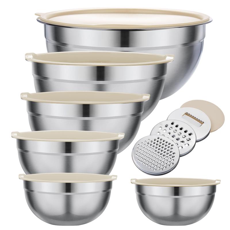 Mixing Bowl Set, 6 PCS Stainless Steel Mixing Bowls with 3 Grinder Attachments, Large Capacity Mixing Bowl Kitchen Food Organizer Nesting Mixing Bowls Tableware Durable Multifunction