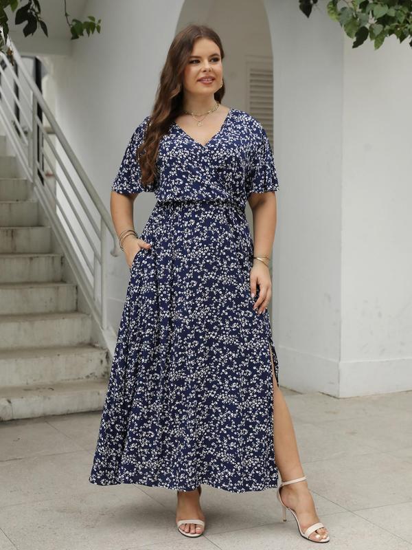 Plus Size Ditsy Floral Print Pocket Split Thigh A Line Dress, Boho Fashion Flounce Sleeve V-Neck High-Waisted Dress for Daily Holiday Wear, Women Clothing for Summer, Casual wear