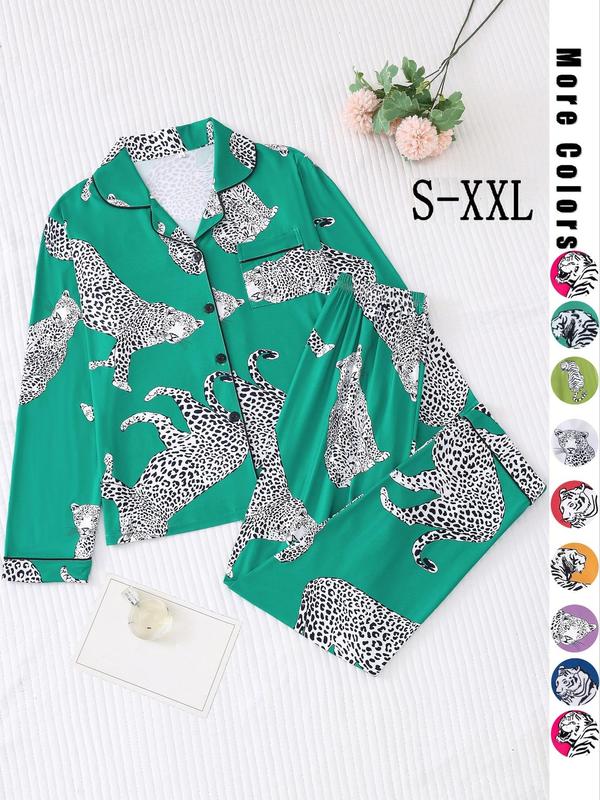 Women's Cheetah Print Button Front Shirt & Elastic Waist Pants Pyjama Set, Long Sleeve Collared Top & Trousers, Summer Outfits 2024, Women's Loungewear