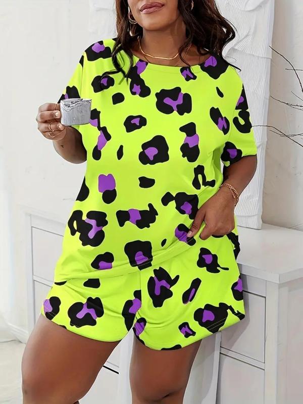 Plus Size All Over Print Drop Shoulder Tee & Wide Leg Shorts PJ Set, Summer Clothes Women, Casual Comfy Short Sleeve T-Shirt & Shorts Pyjama Set, Lady Sleepwear & Homewear, Summer Outfits 2024, Pajama Set