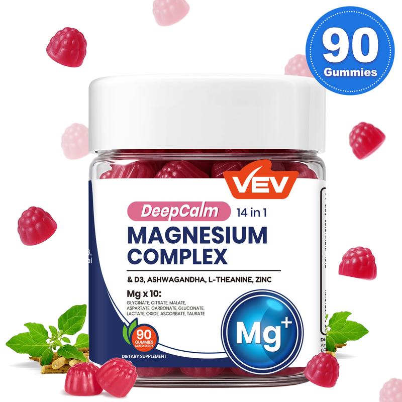VEV DeepCalm 14-in-1 Magnesium Complex Gummies, Blended Supplement - Ashwagandha, L-Theanine, D3 & Zinc, Daily Health Bundle, 90 Count, Mothersdaygift