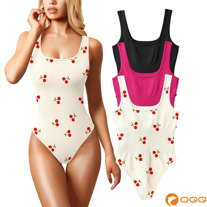 OQQ Women's 3 Piece Bodysuits Sexy Ribbed Sleeveless Square Neck Tank Tops Seamless Trendy Summervibes