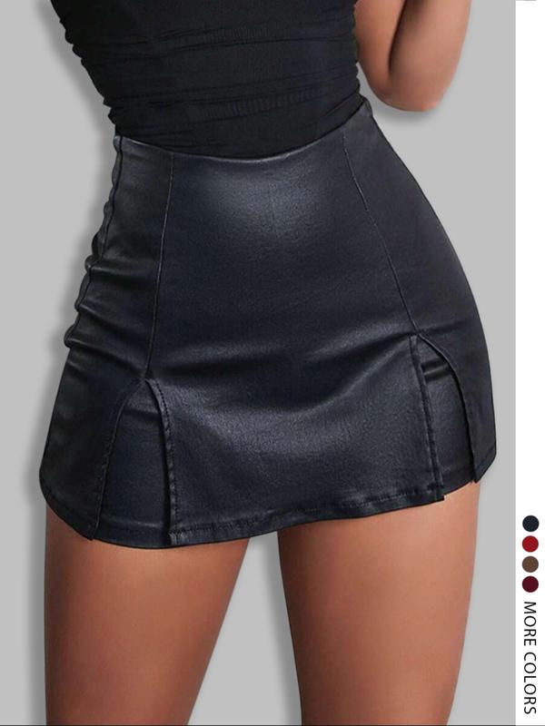 LovelyWholesale Women's High Waist Fitted Split Hem PU Leather Skort, Sexy Casual Style Skort with Zipper Design
