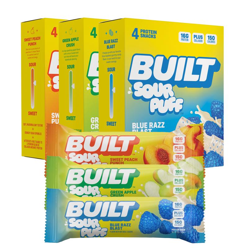 Official Built Bar Sour Puff Variety Box Triple Flavor Mixed Pack, Gluten Free Collagen Protein Candy Snack Bars 12 Count Box 16g Protein 150 Calories