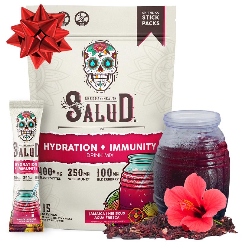 Salud 2-in-1 [Hydration + Immunity - Jamaica | Hibiscus] 400mg Electrolytes, 250mg Wellmune, 100mg Elderberry, Dairy & Soy Free, Non-GMO, Gluten Free - Healthcare, Vitamin (15 Servings)