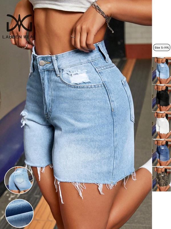 Women's Plain Ripped Slim Fit Denim Shorts, Casual Fashion Button Zipper Shorts for Daily Wear, Ladies Bottoms for Summer, Womenswear