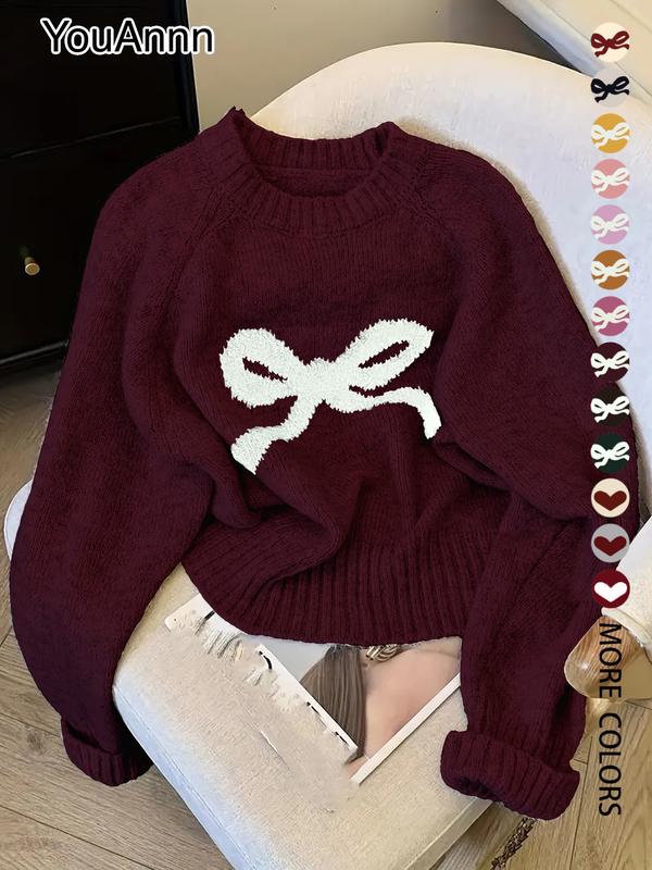 Women's Butterfly Knot Round Neck Sweater, Fall & Winter Thick Knit Top, Sweet Casual Style Loose Fit, Elegant Cardigan for Valentine's Day, Womenswear, Knitwear