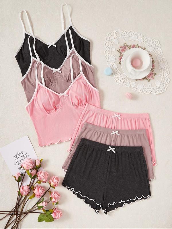 6 Pieces Women's Bow Front Lettuce Trim Pyjama Set, Casual Contrast Binding Cami Top & Elastic Waist Shorts PJ Set, Summer Sleepwear Set for Women