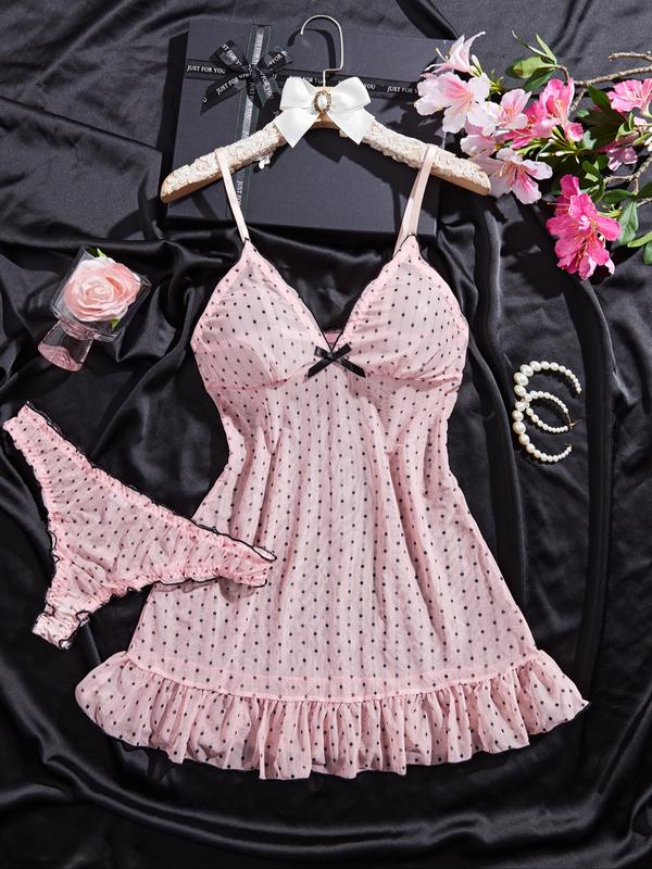 Women's Elegant Sleeveless Polka Dot Sleepwear Set, Lightweight Knit Fabric, Soft Touch, Half-Transparent Effect, Classic Bow, All Seasons, Loungewear, Cute, Lingerie