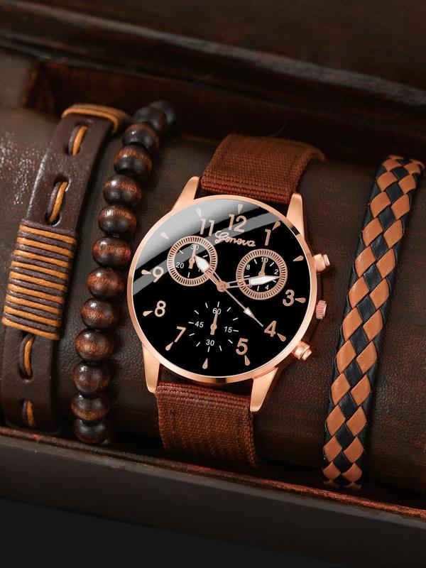 4pcs/Set Men's Vintage Business Fashion Round Dial Digital Hands Quartz Watch, with Beaded Leather Braided Bracelet Accessories, without Box