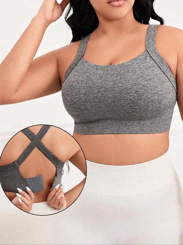 【Plus Size】 Solid Criss Cross Hook and Eye Sports Bra, Breathable Comfortable High Stretch Workout Bras for Yoga Gym Workout, Women's Sport & Outdoor Clothing for All Seasons, Solid Textured Bra