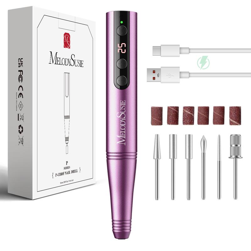MelodySusie PC180F Cordless Electric Nail Drill Machine with 6 Nail Drill Bits, 25000RPM Rechargeable Nail Care Manicure Set for Acrylic Nail Art #Summervibes