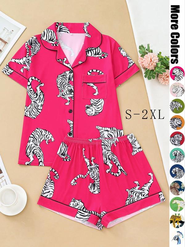 Women's Tiger Print Pocket Pyjama Set, Soft Lapel Collar Short Sleeve Top & Shorts PJ Set, Women's Sleepwear, Summer Outfits 2024, Pajamas