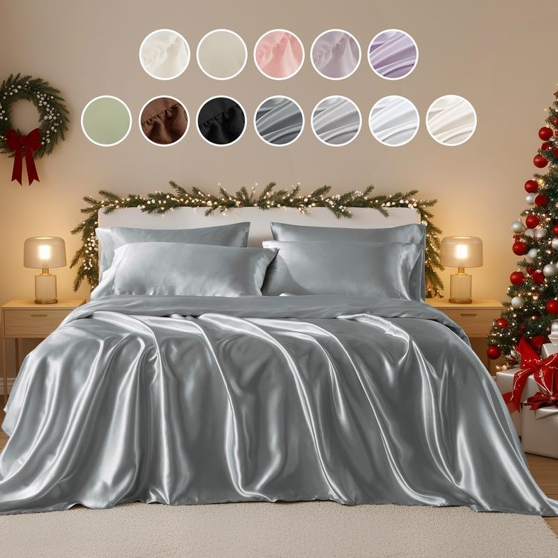 6 Piece Solid Color Satin Sheets Set (1*Flat Sheet + 1* Fitted Sheet + 4*Pillowcases), Luxurious And Silky With Natural Sheen