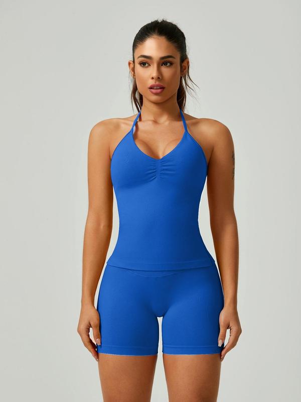 Women's Solid Ruched Design Backless Halter Top & High Waist Shorts Tracksuit Set, Sporty Breathable Comfortable Two-piece Outfits for Yoga Gym Workout Running, Breathable Activewear, High Stretch Activewear