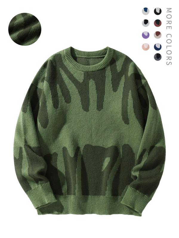 Unisex Round Neck Drop Shoulder Casual Hip Hop Vibe Sweater, Regular Fit All Over Print Graphic Long Sleeve Stretch Pullover, Drippy Jacquard Sweater, Going Out Top