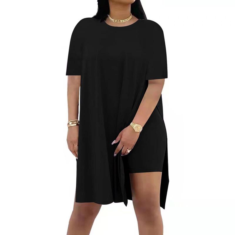 Women Plus Size 2 Piece Outfits  Lady Basic Crewneck Short Sleeve Tunic Tops and Skinny Biker Shorts Sets Tracksuits Casual Soft Womenswear