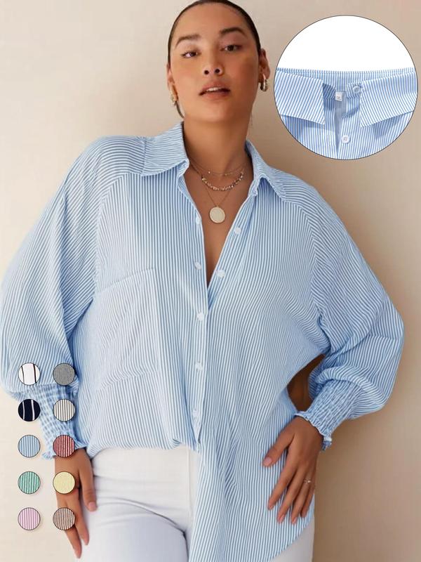 Plus Size Striped Print Button Front Pocket Shirred Blouse, Casual Long Sleeve Bishop Sleeve Top for Daily Holiday Wear, Women's Clothes for Spring & Fall