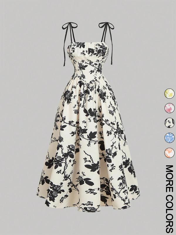 Women's Floral Print Tie Shoulder Cami Fitted Lightweight Dress, Fashion Casual Chic Sleeveless Spaghetti Strap Dress for Daily Outdoor Wear, Women Dress for Summer