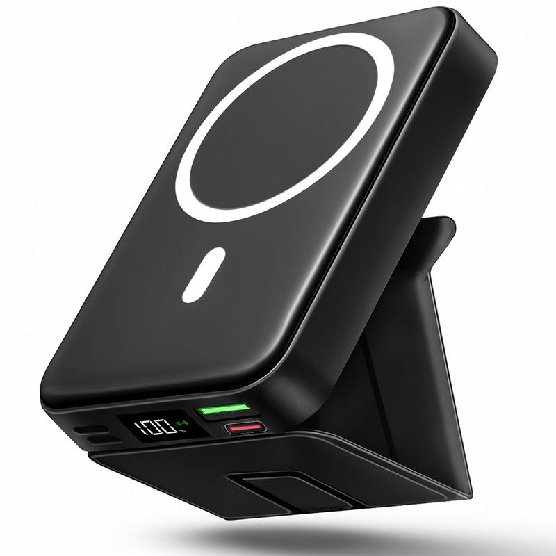 【Fathersdaygift】 10000mAh Magnetic Power Bank  Wireless Portable Charger with USB-C Cable LED Display Foldable Battery Pack for iPhone17/ 16/15/14/13/12/Pro/Pro Max Series Charging Compact Silicone Black