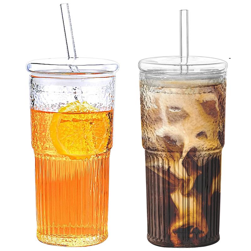2 Packs 20oz Glass Tumblers Set With Lids and Glass Straws Drinkware, Ice Coffee Cups, Bottles, Cup and Mug for Juices and Milk, Holiday Gifts