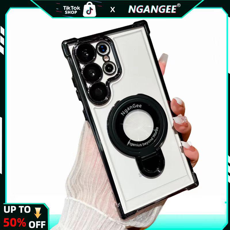 NganGee Protective Four Corners Air Cushion Anti-Drop Phone Case for Samsung S25 Ultra S24 Ultra S23 Ultra with Sticky Stand & Olated Clear Bracket Smartphone Cellphone Cover Holder Protection Casing