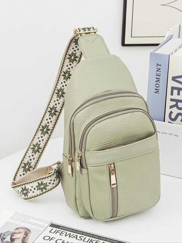 Women's Casual Zipper Beige Fanny Pack, Fashionable Pu Leather Fanny Pack with Embroidered Adjustable Strap for Daily Used, Casual Trendy Versatile High-quality Daily  Unique Bags