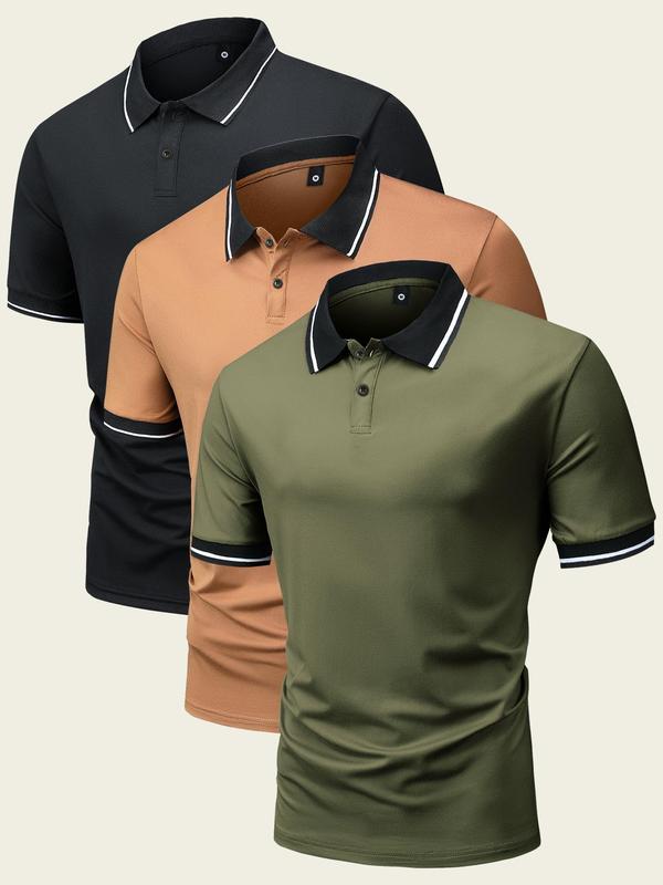 Men's Striped Trim Print Button Front Half Placket Polo Shirt, Summer Clothes, Casual Soft Comfy Short Sleeve Collared Top, Summer Outfits 2024, Men's Clothes for Daily Wear, Polo Shirt Set