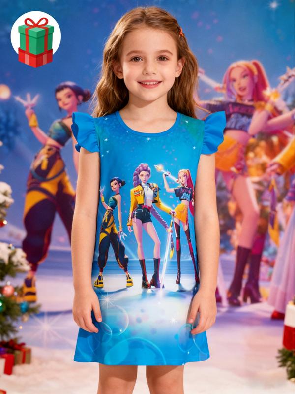 Kpop Print Butterfly Sleeve Girls' Dress, Carnival Reading Festival Fan Gift Essential, Cute Heart Gift for Kids, All Seasons