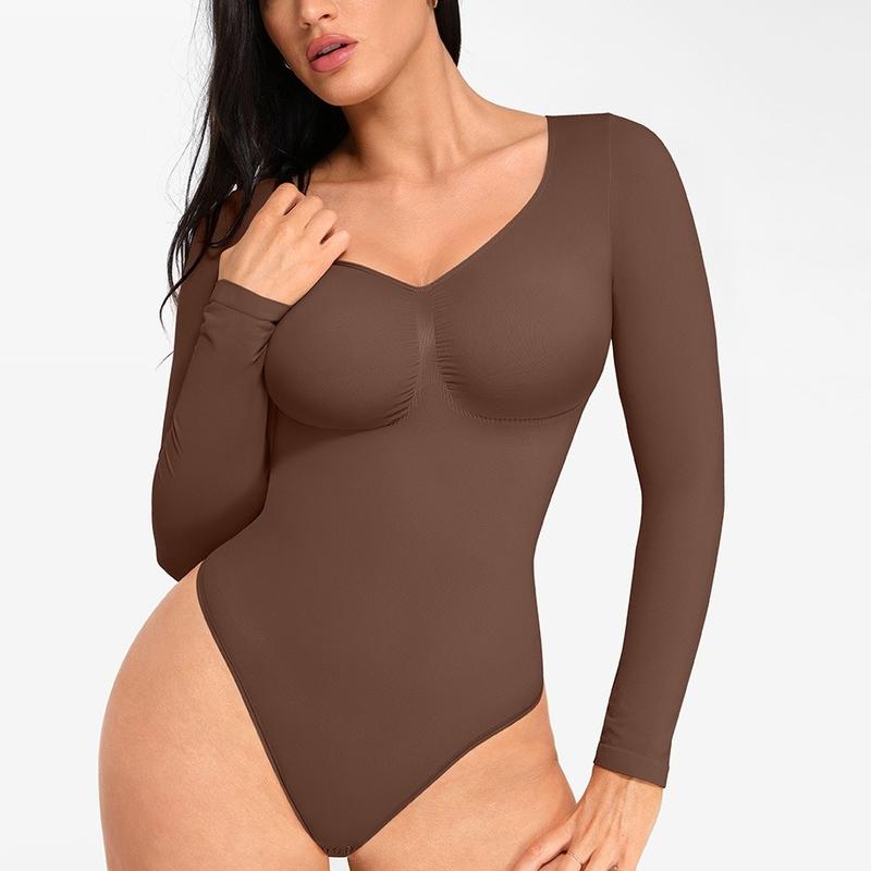 FeelinGirl Womenswear Seamless Long Sleeve Thong Bodysuit V Neck Going Out Fabric Comfortable Casual Breathable