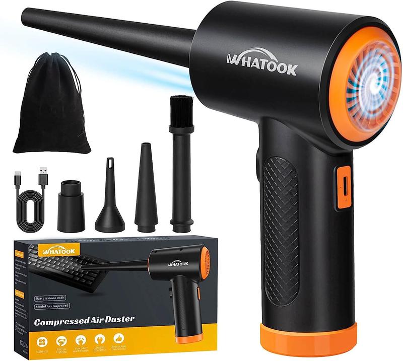 WHATOOK Cordless Compressed Air Duster with 3 Speeds LED Light Portable Electric Air Blower for Keyboard PC Car Cleaning Fathersdaygift