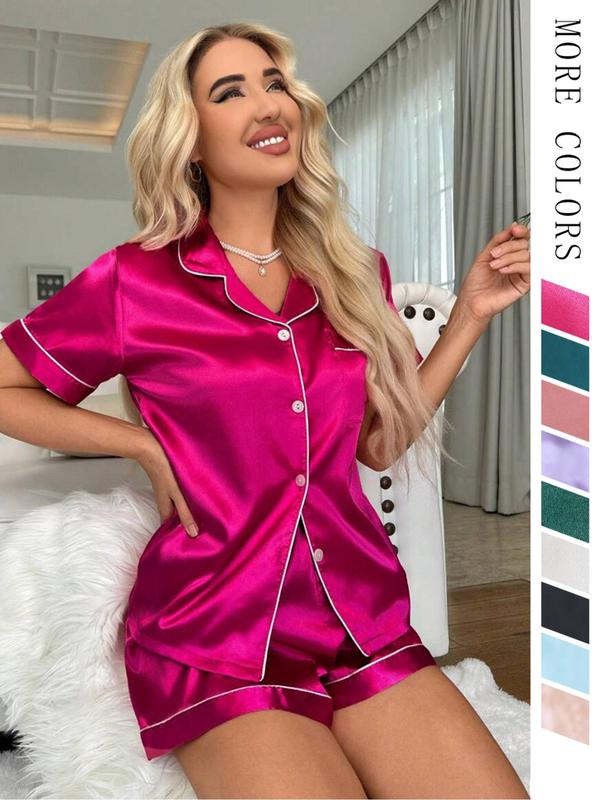 Two-Piece Set Women's Satin Pyjama Set, Casual Short Sleeve Button Front Shirt & Bow Decor Elastic Waist Shorts, Summer Outfits 2024, Women's Summer Sleepwear, Pajama Set, Pajamas