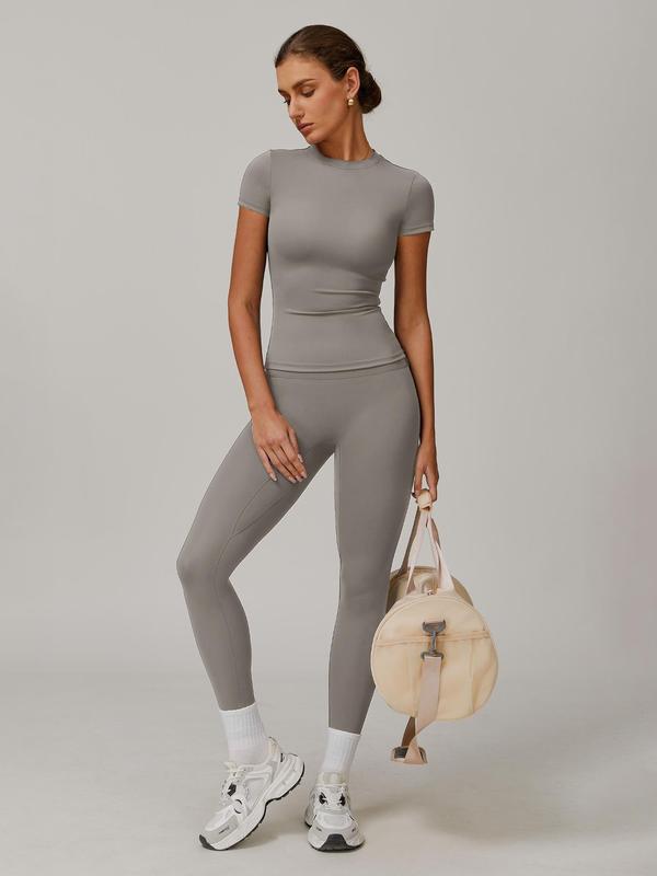 Women's Solid Color Top & High Waist Leggings Sports Set, Casual Comfy Breathable Two-piece Workout Running Outfits for Yoga Gym Workout, Ladies Sportswear for All Seasons Workout Running Clothes, Fitness Wear